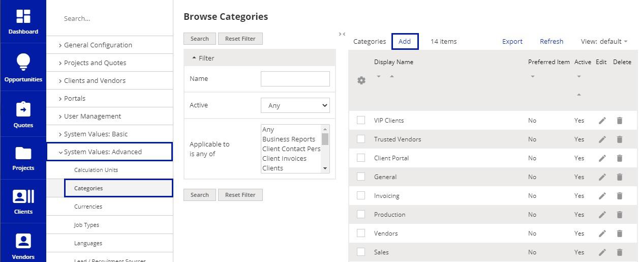 Categories' in the Configuration Menu in XTRF